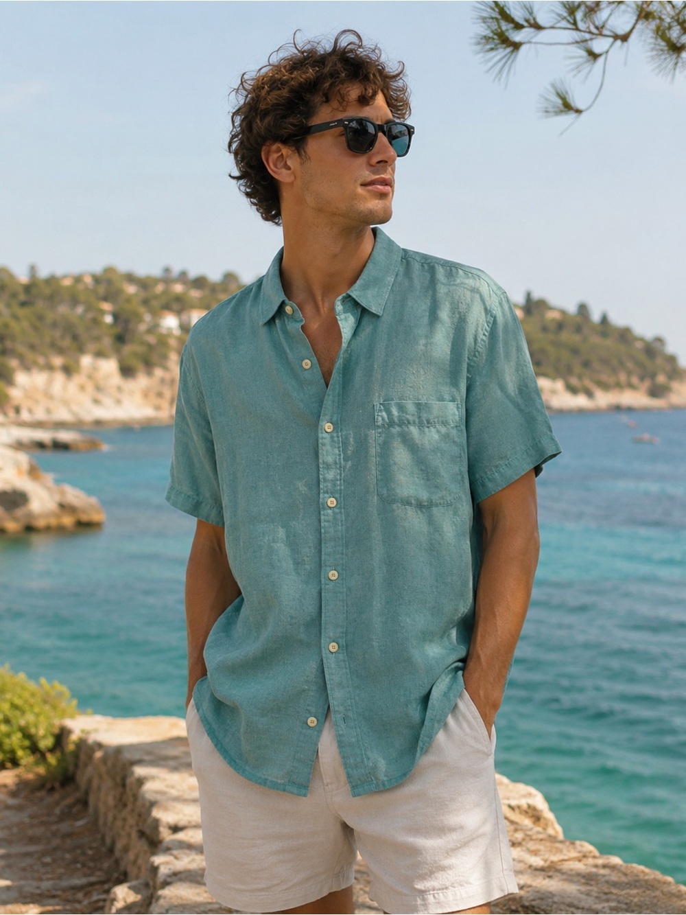 Lucky Brand Short Sleeve Linen Button Up Shirt Light Blue XL Classic Fit
